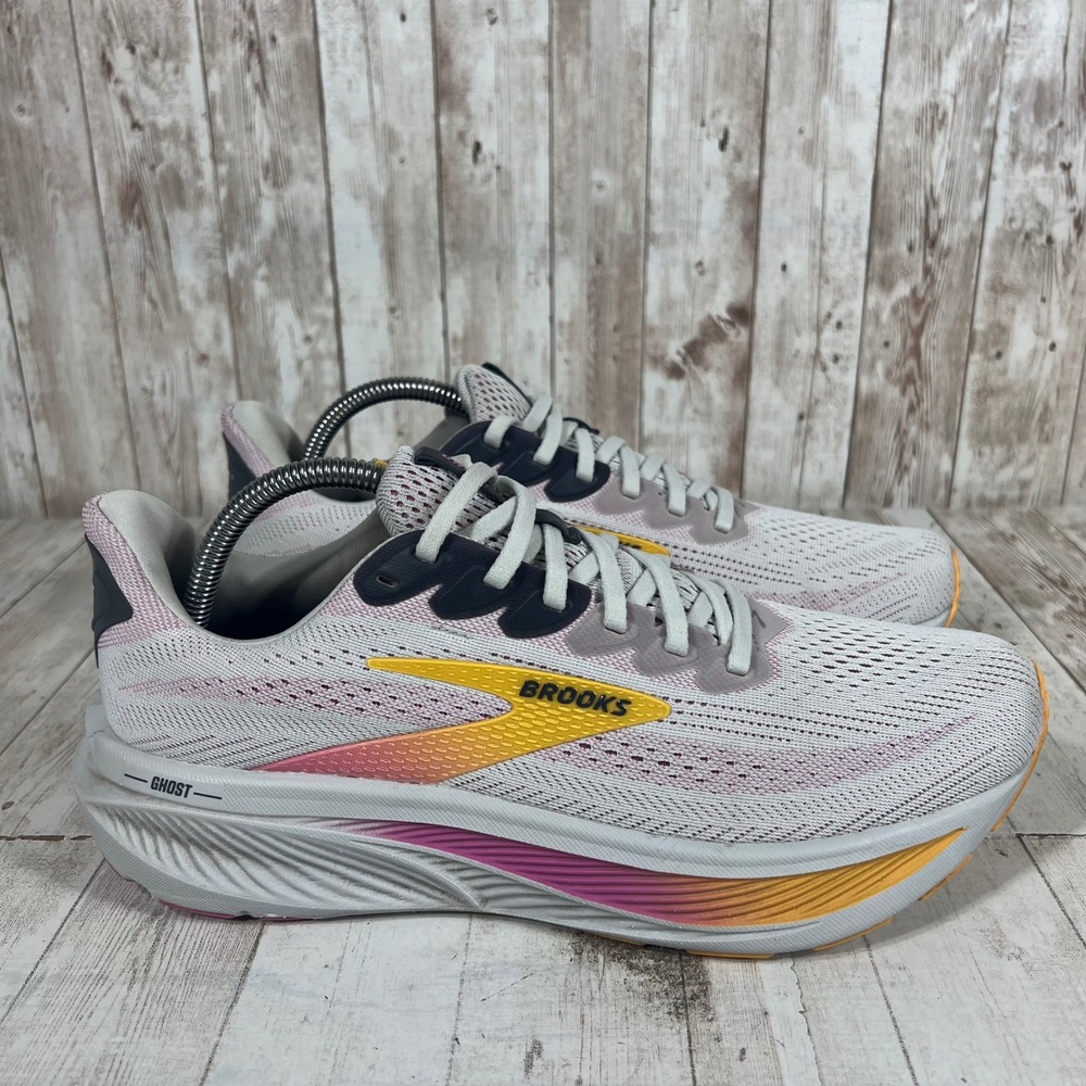 Brooks Ghost 17 Womens Running Shoes Grey Pink Yellow 1204311B070 Size 10.5 B